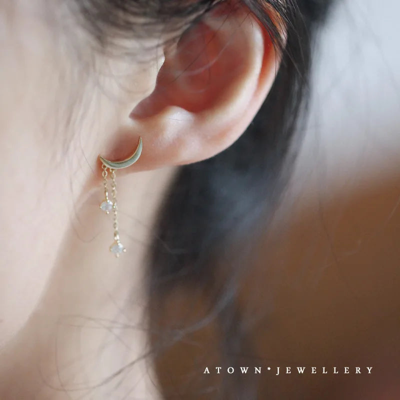 925 Sterling Silver 14k Gold Plated Moon Zircon Stud Earrings
