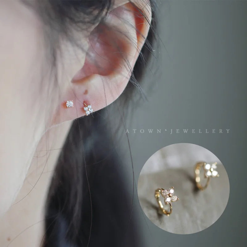925 Sterling Silver 14k Gold Plated Four Leaves Flower Zircon Small Stud Earrings