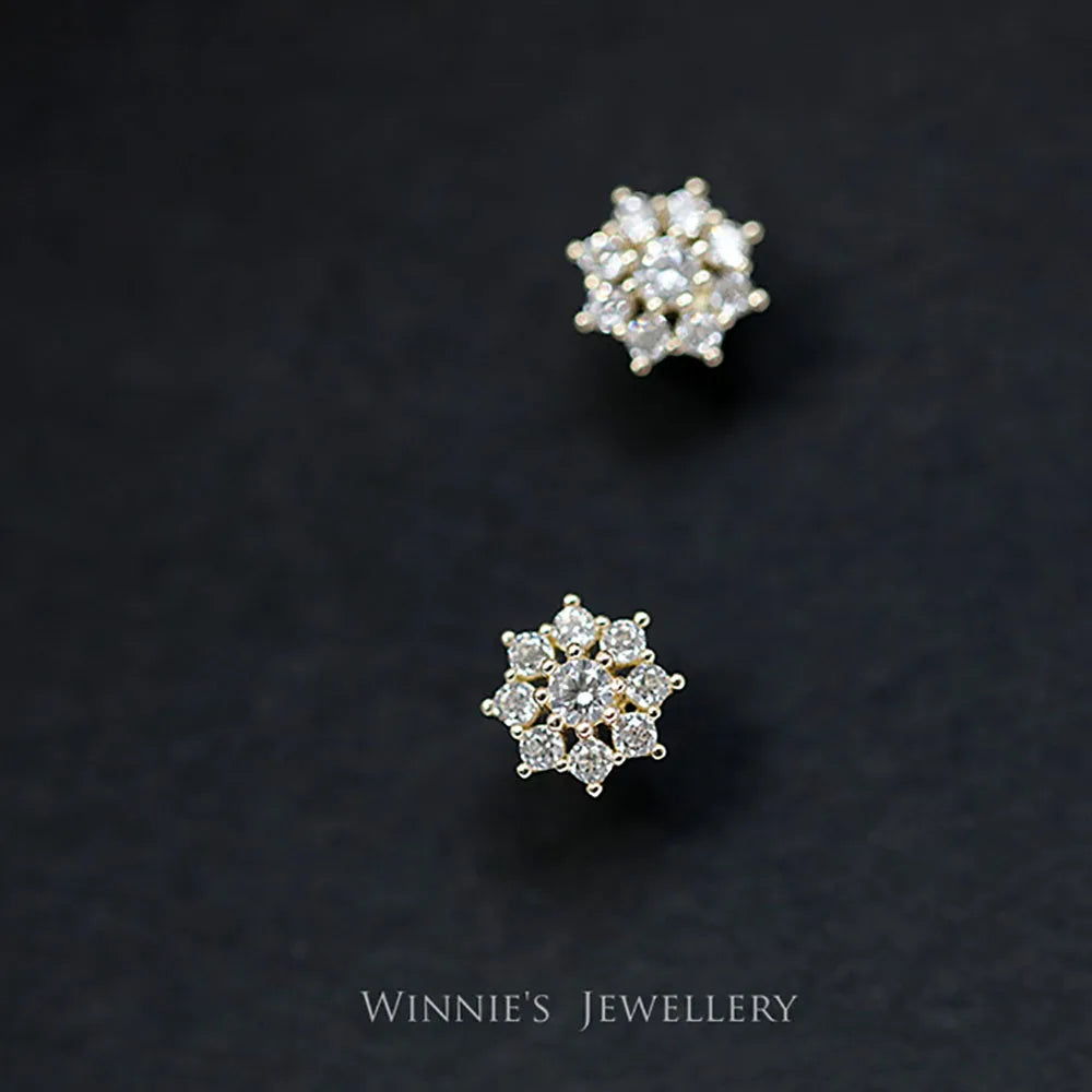925 Sterling Silver 14k Gold Plated Zircon Flower Stud Earrings