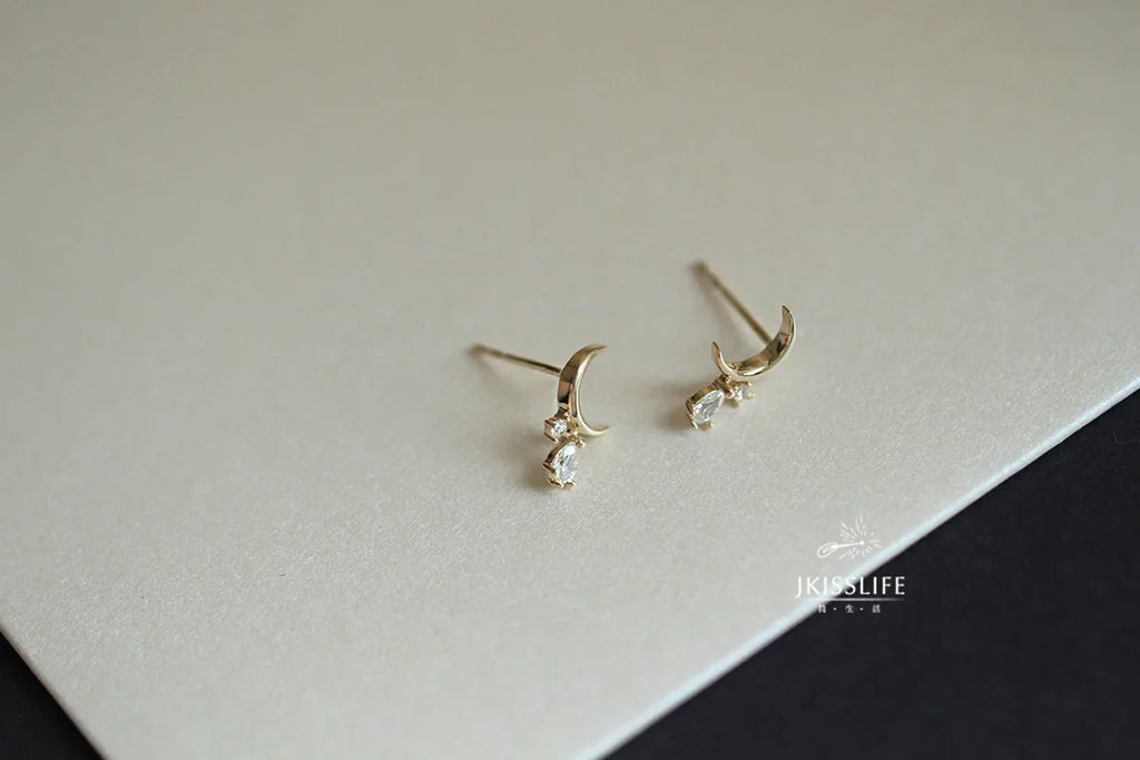 925 Sterling Silver 14K Gold Moon Zircon Simple Stud Earrings