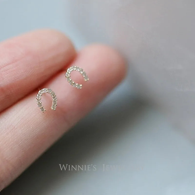 925 Silver 14k Gold Plated Zircon Horseshoe Women's Stud Earrings