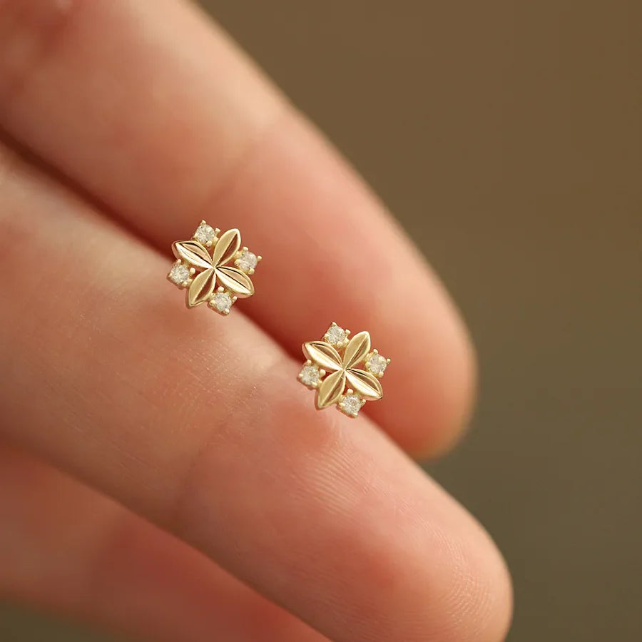 925 Sterling Silver 14k Gold Plated Cross Flower Small Stud Earrings