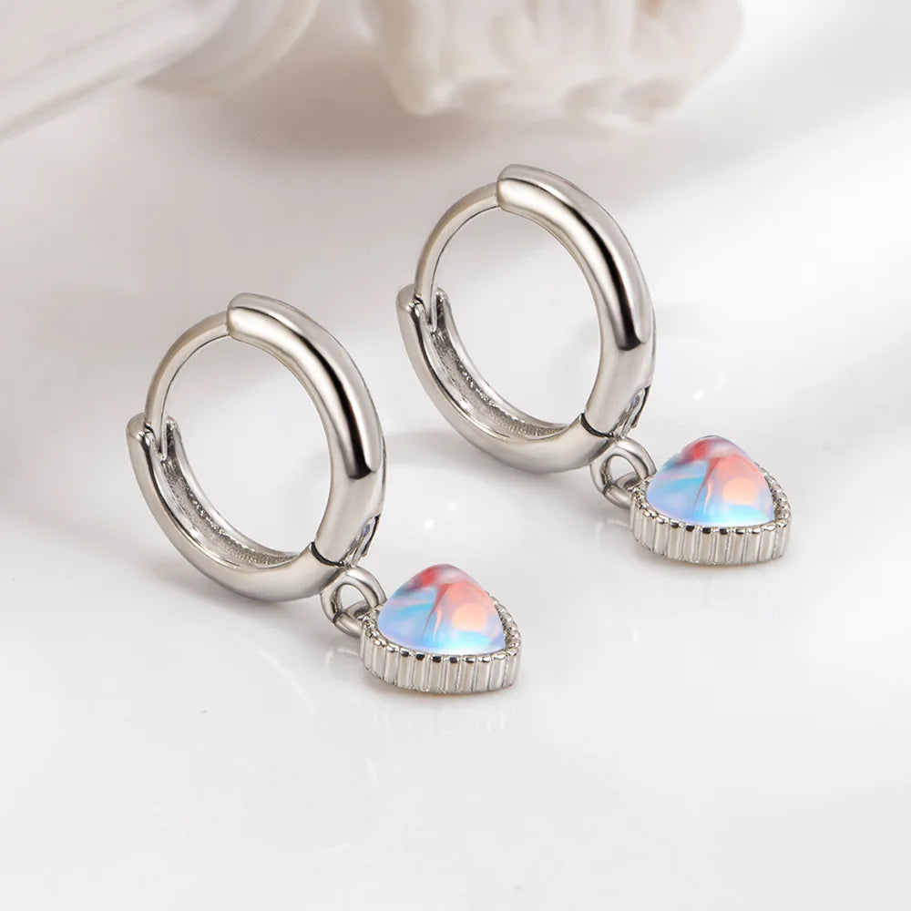 925 Sterling Silver Moonstone Heart Crystals Stud Earrings