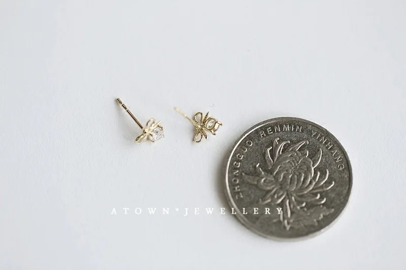 925 Sterling Silver 14k Gold Plated Bow Knot Zircon Small Stud Earrings