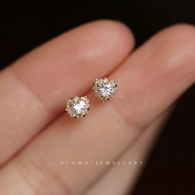 925 Sterling Silver 14k Gold Plated Heart Zircon Small Stud Earrings