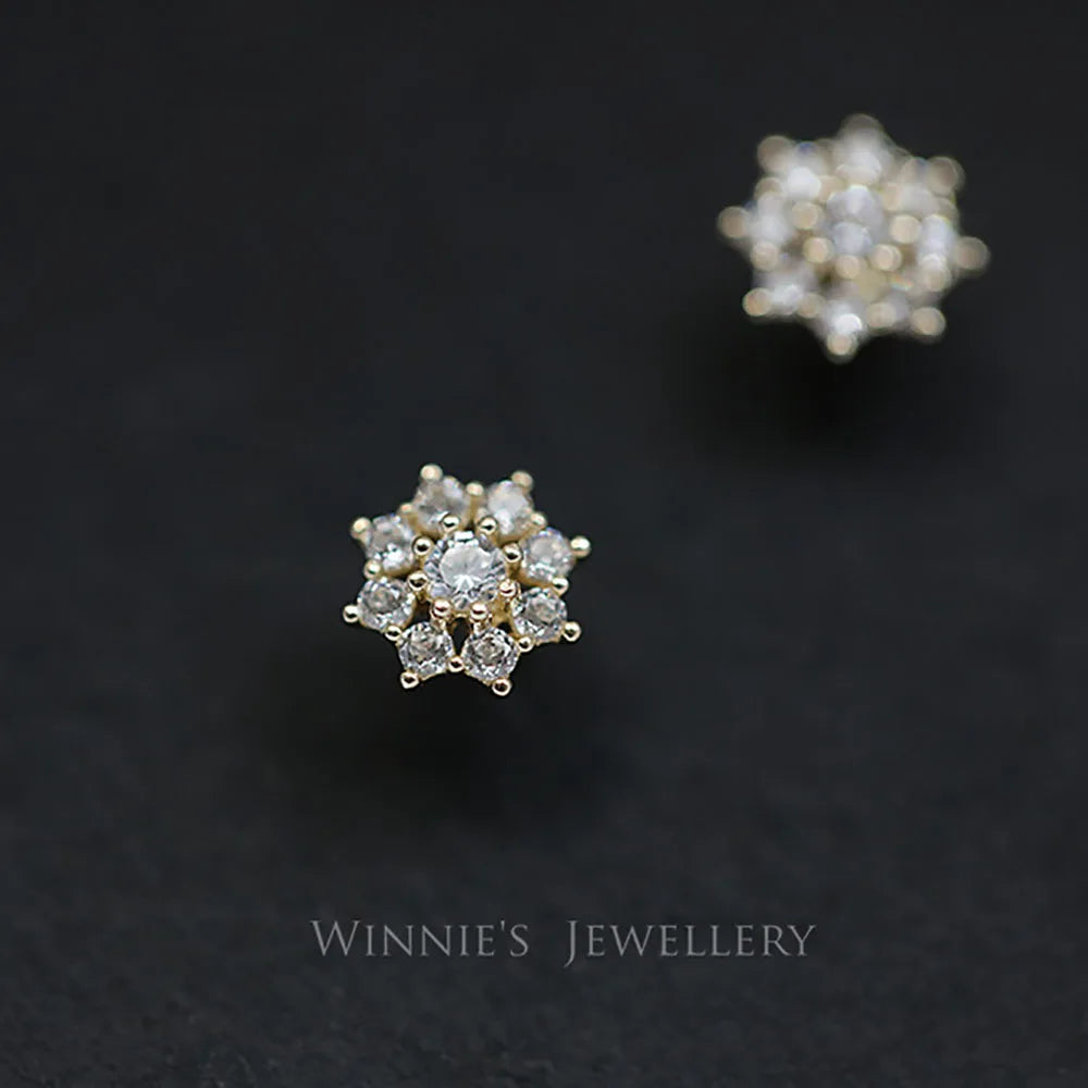 925 Sterling Silver 14k Gold Plated Zircon Flower Stud Earrings