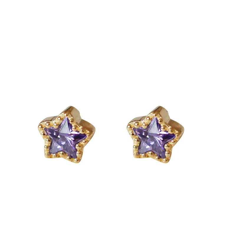 925 Sterling Silver 14K Gold Plated Purple White Star Zircon Stud Earrings