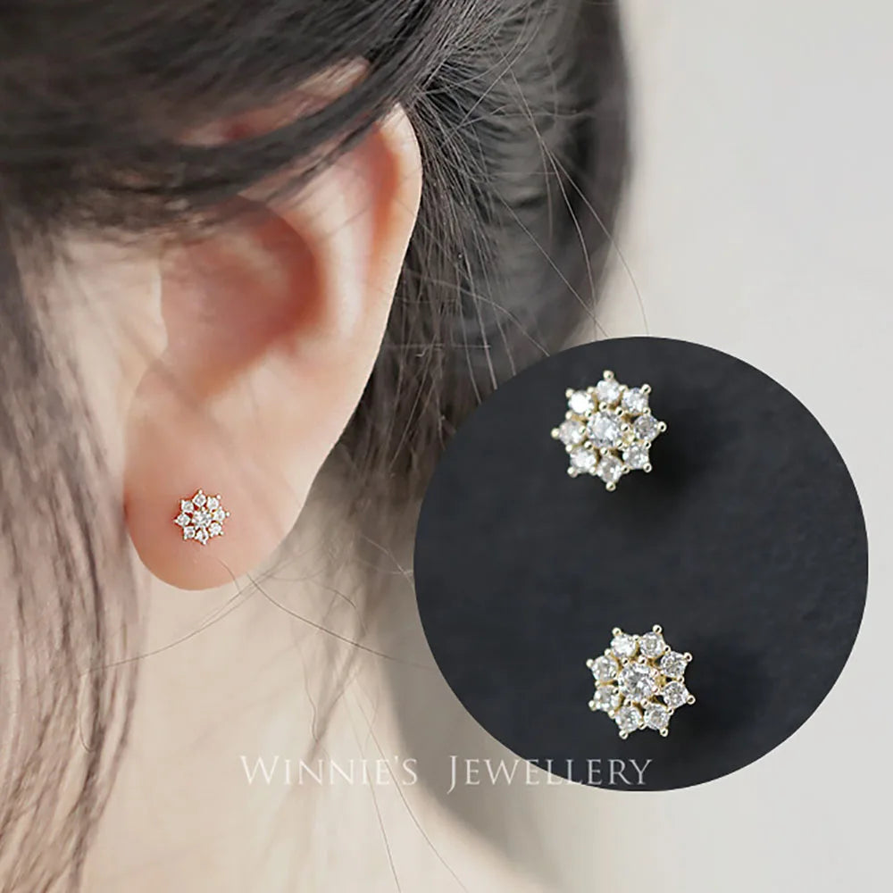 925 Sterling Silver 14k Gold Plated Zircon Flower Stud Earrings