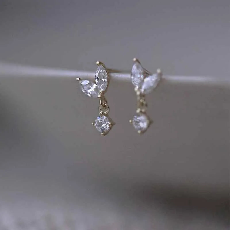 925 Sterling Silver 14k Gold Plated Leaves Zircon Women's Stud Earrings