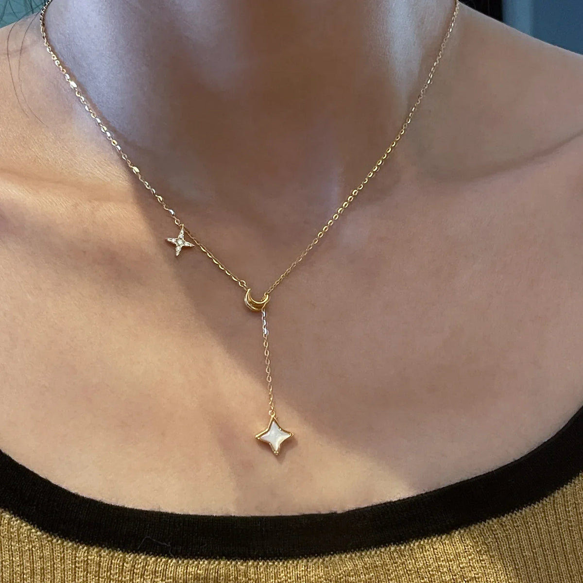 925 Sterling Silver 18k Gold &14K Gold Plated Star Moon Zircon Pendant Necklace