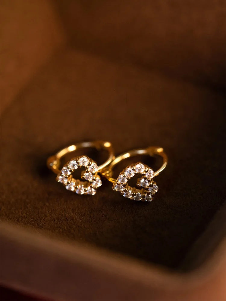 925 Sterling Silver 14k Gold Plated Hollow Heart Zircon Earrings