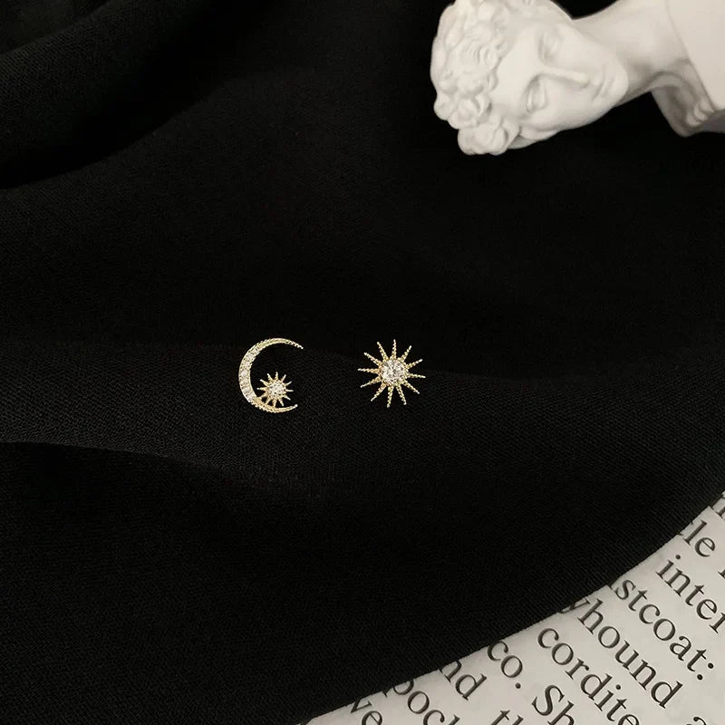 925 Sterling Silver 14k Gold Plated Moon Sun Zircon Stud Earrings