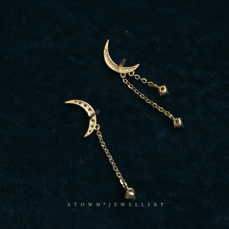 925 Sterling Silver 14k Gold Plated Moon Zircon Stud Earrings