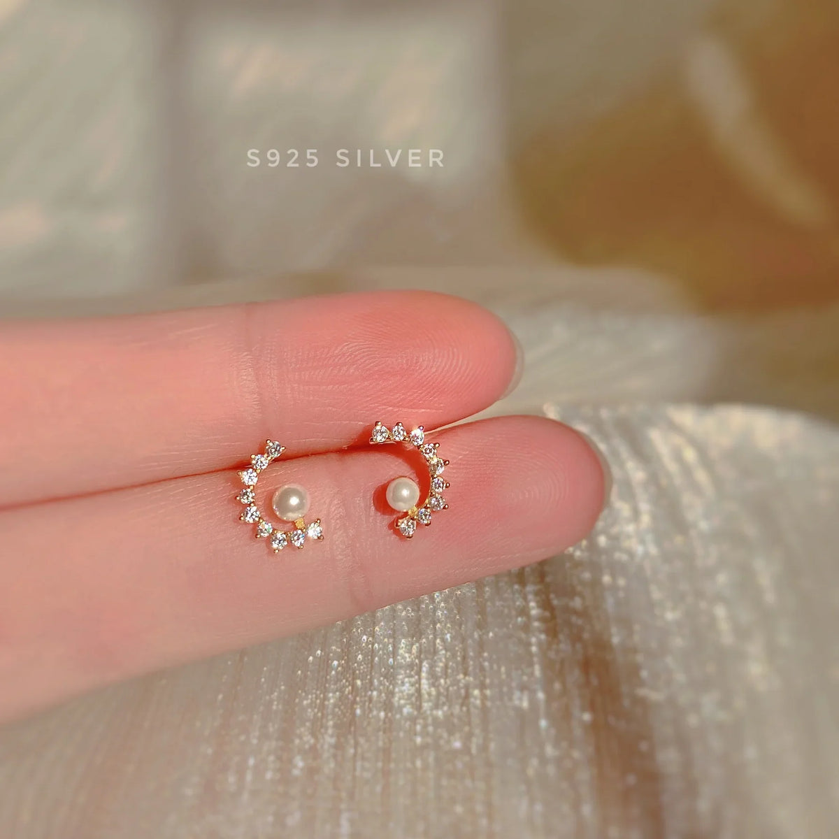 925 Sterling Silver 14K Gold Plated Semicircle Pearl Small Stud Earrings