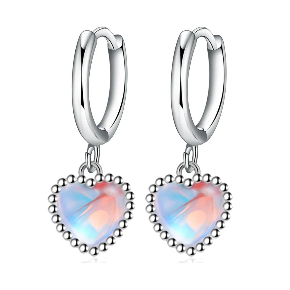 925 Sterling Silver Moonstone Heart Crystals Stud Earrings
