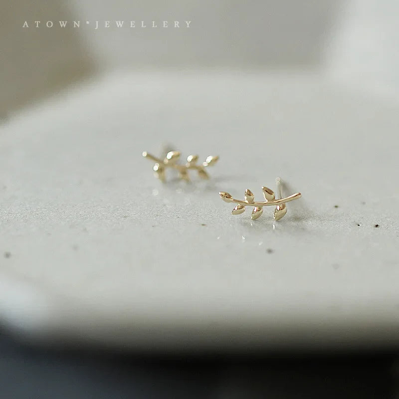 925 Sterling Silver 14k Gold Plated Leaves Branch Women's Stud Earrings