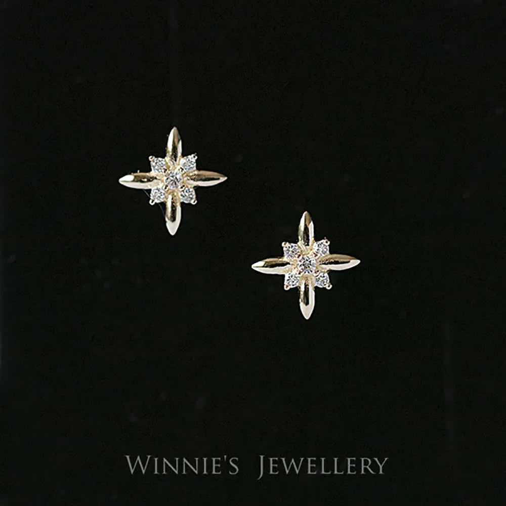 925 Sterling Silver 14K Gold Plated Snowflake Zircon Stud Earrings
