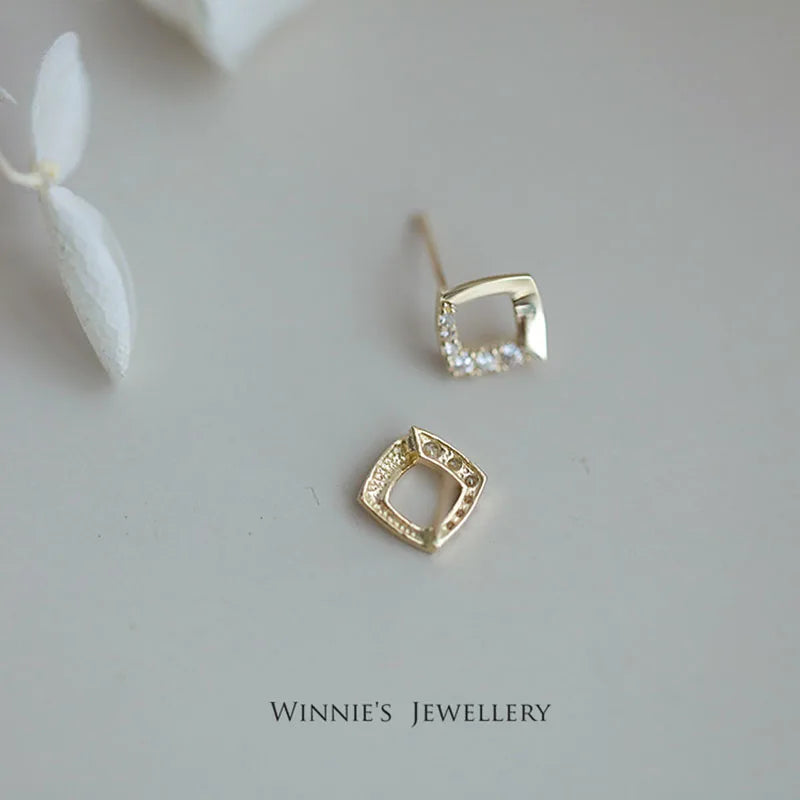 925 Sterling Silver 14K Gold Plated Square Geometry Zircon Stud Earrings