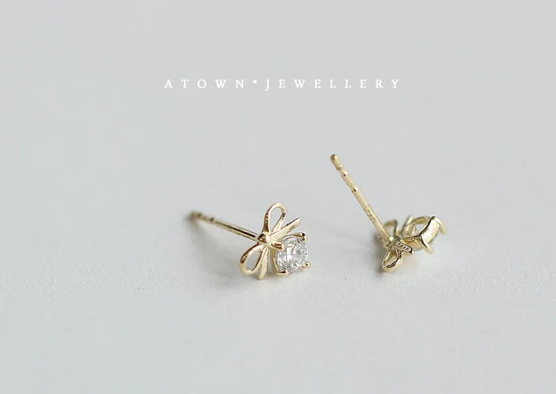 925 Sterling Silver 14k Gold Plated Bow Knot Zircon Small Stud Earrings