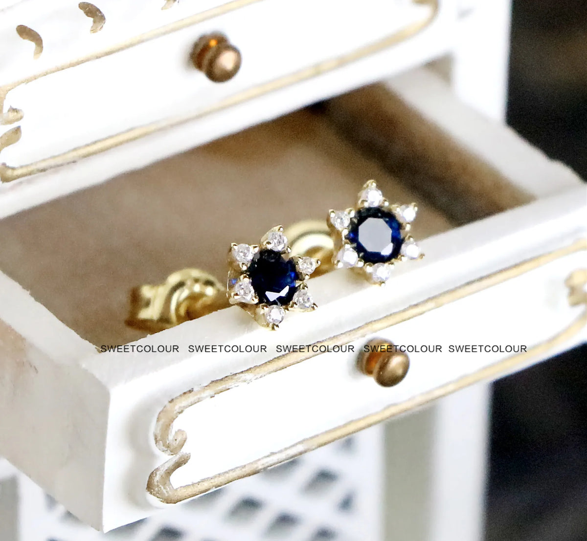 925 Sterling Silver 14k Gold Plated Blue Zircon Sun Stud Earrings
