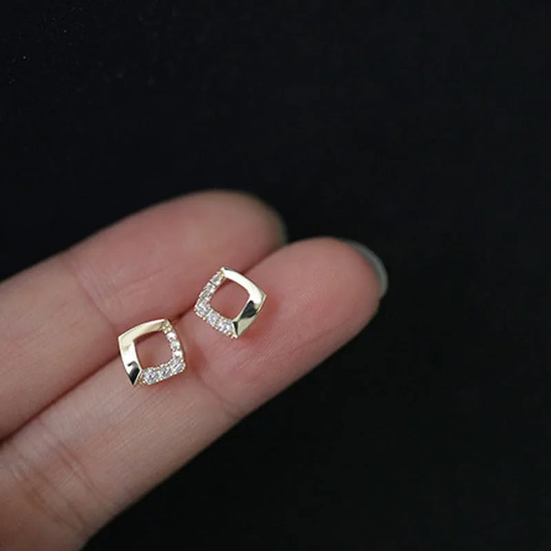 925 Sterling Silver 14K Gold Plated Square Geometry Zircon Stud Earrings