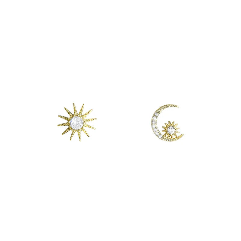 925 Sterling Silver 14k Gold Plated Moon Sun Zircon Stud Earrings
