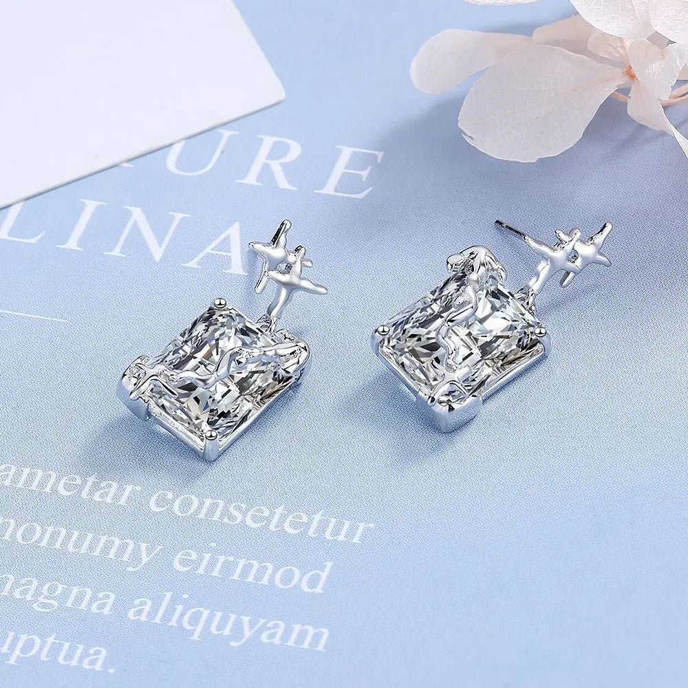 925 Sterling Silver Zircon Square Drop Dangle Earrings
