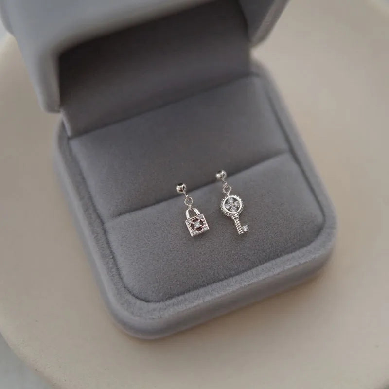 925 Sterling Silver 14k Gold Plated Key Lock Zircon Stud Earrings