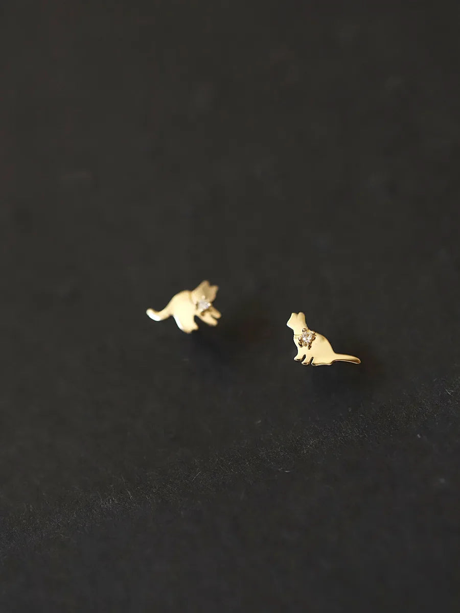 925 Sterling Silver 14K Gold Cat Zircon Small Stud Earrings