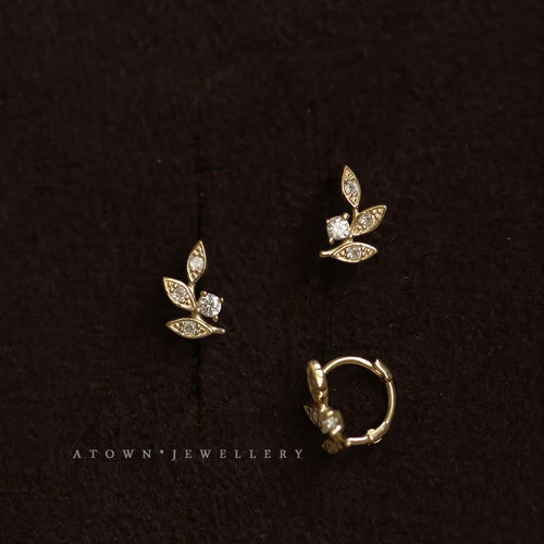 925 Sterling Silver 14k Gold Plated Leaf Zircon Ring Earrings
