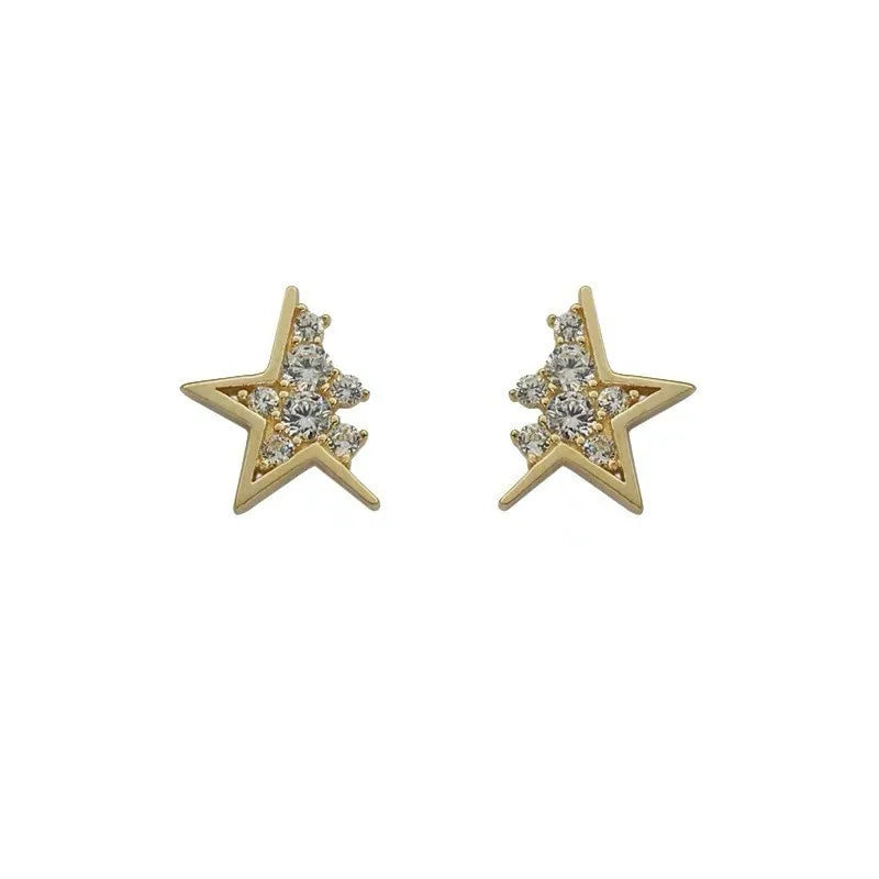 925 Sterling Silver 14k Plated Gold Half Star Zircon Small Stud Earrings