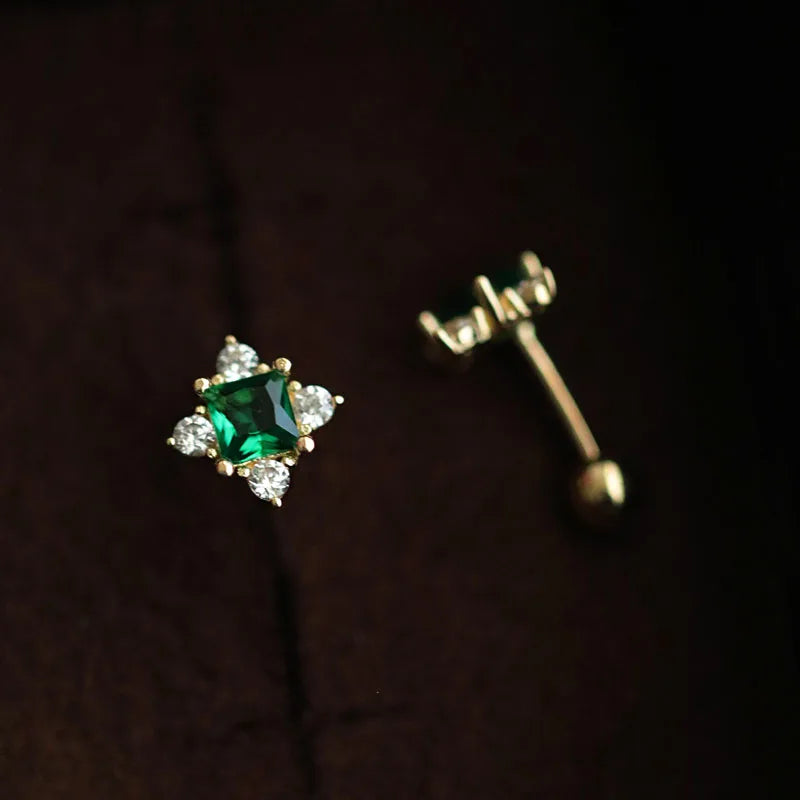 925 Sterling Silver 14k Gold Plated Green Zircon Small Stud Earrings