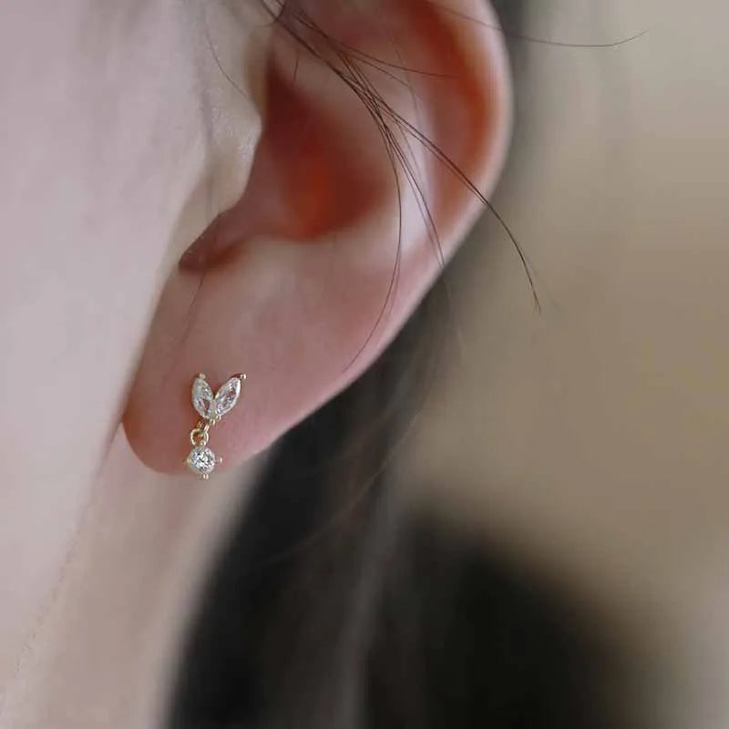925 Sterling Silver 14k Gold Plated Leaves Zircon Women's Stud Earrings