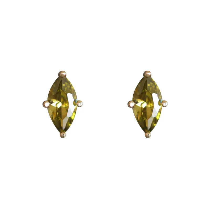 925 Sterling Silver 14k Gold Plated Olive Green Zircon Stud Earrings