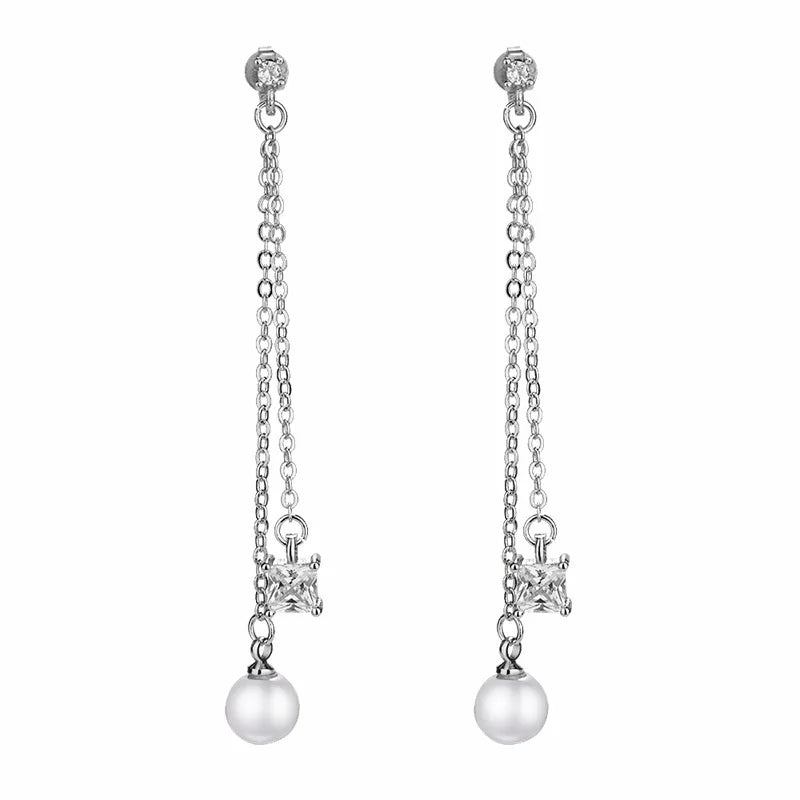 925 Sterling Silver Pearl Zircon Long Earrings