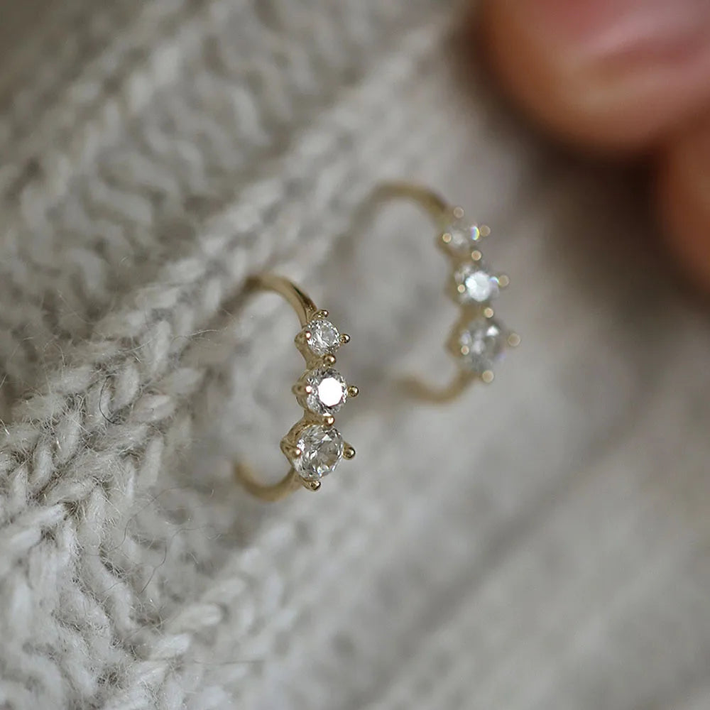 925 Sterling Silver 14k Gold Plated 3 Stone Zircon Stud Earrings