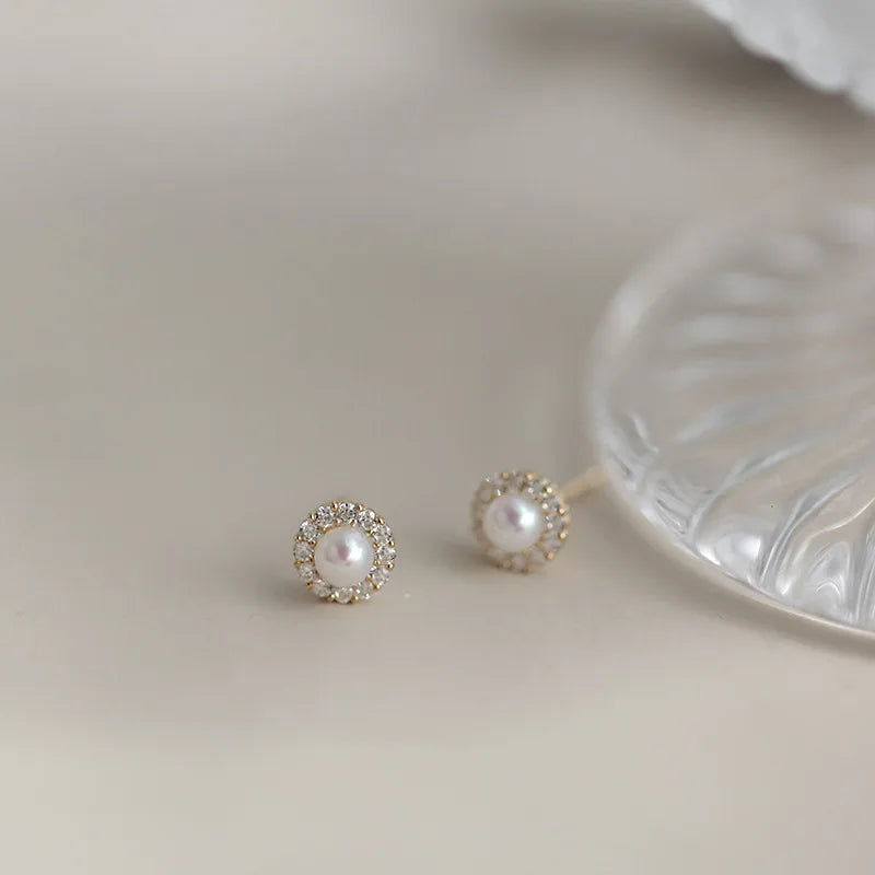 925 Sterling Silver 14k Gold Plated Pearl Zircon Small Stud Earrings