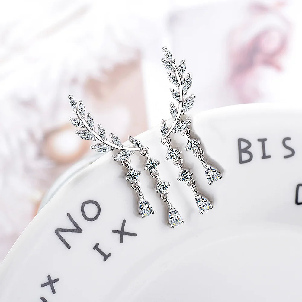 925 Sterling Silver Wings Zircon Tassel Long Stud Earrings