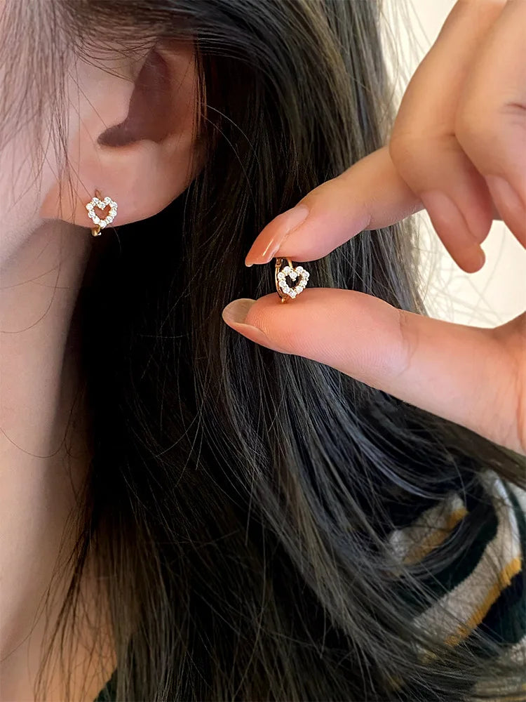925 Sterling Silver 14k Gold Plated Hollow Heart Zircon Earrings