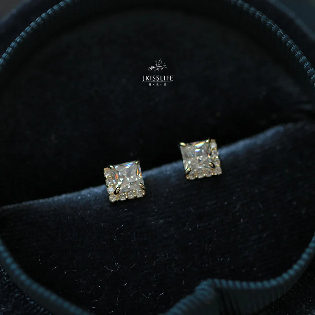 925 Sterling Silver 14k Gold Plated Square Zircon Korea Style Stud Earrings