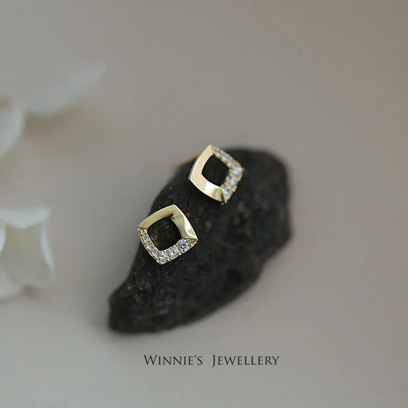 925 Sterling Silver 14K Gold Plated Square Geometry Zircon Stud Earrings