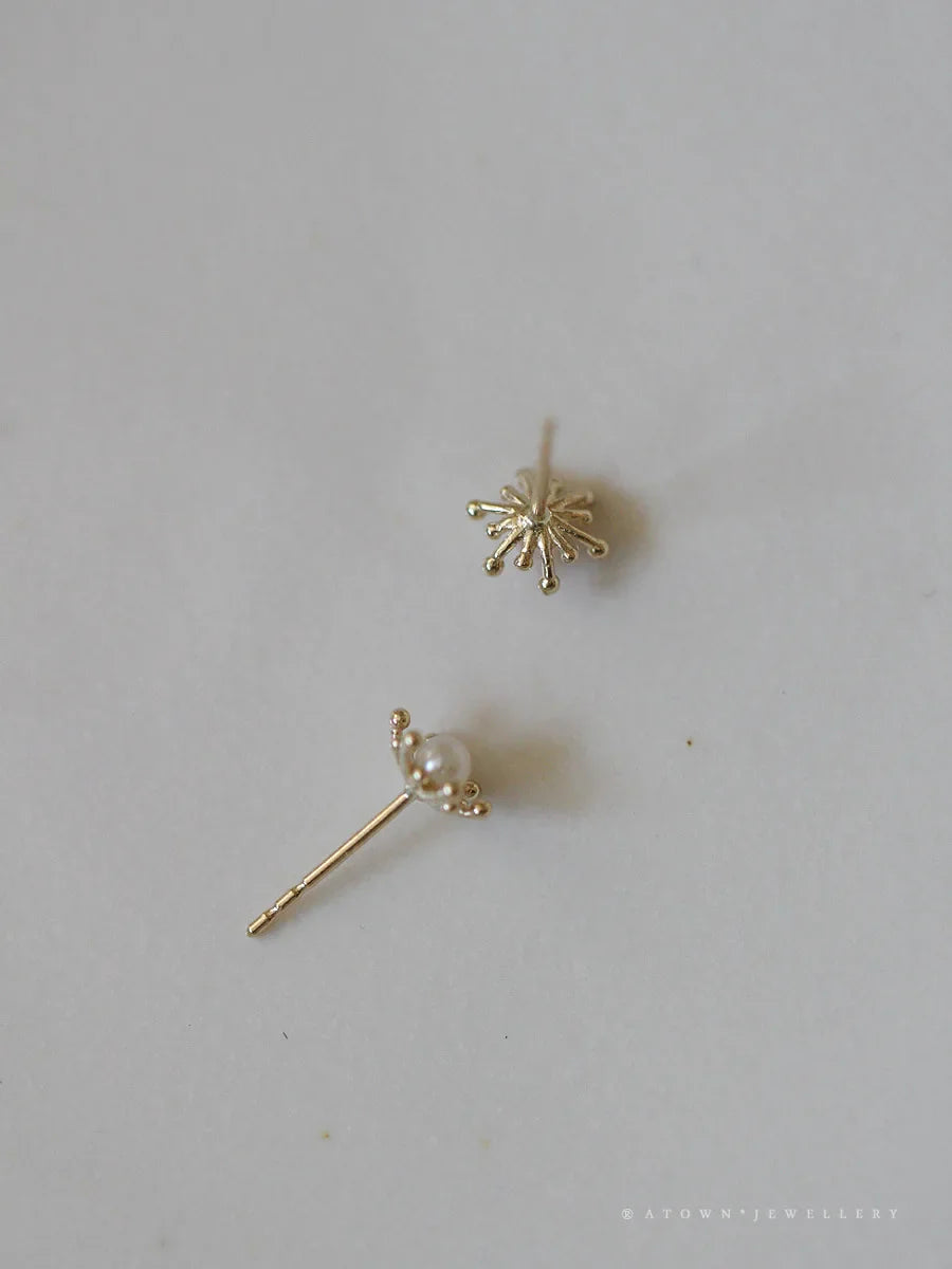 925 Sterling Silver 14k Gold Stamen Pearl Stud Earrings