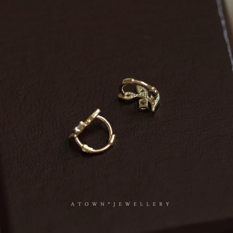 925 Sterling Silver 14k Gold Plated Leaf Zircon Ring Earrings