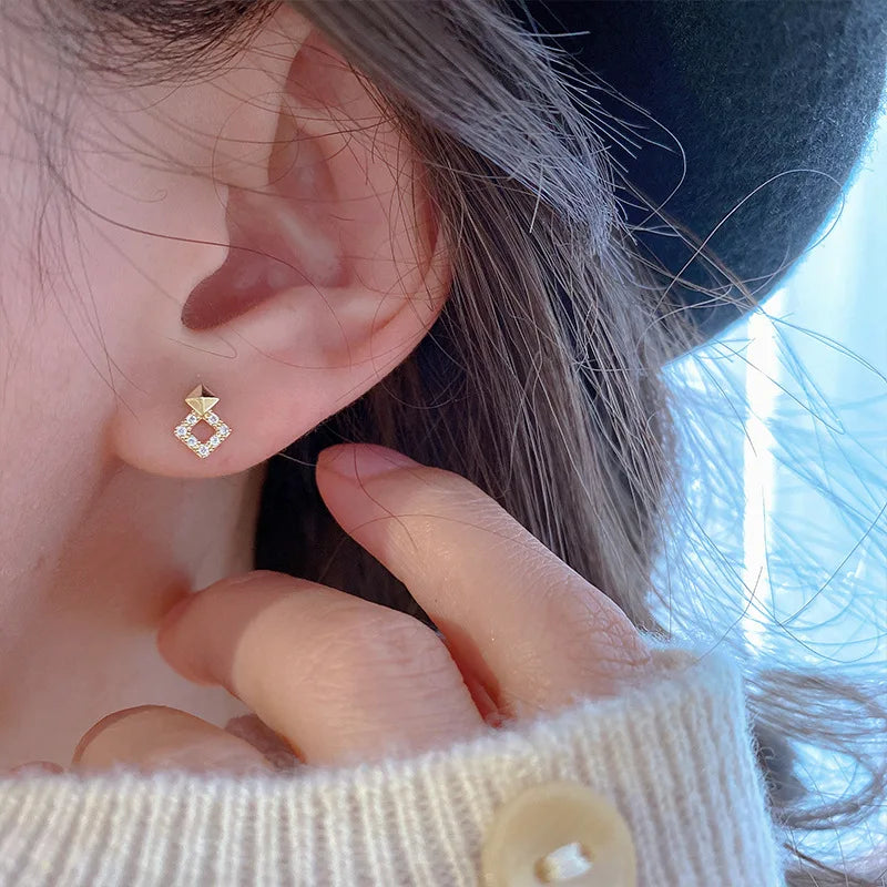 925 Sterling Silver 14k Gold Plated Square Geometry Zircon Stud Earrings