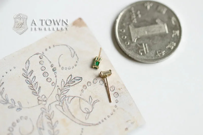 925 Sterling Silver 14k Gold Plated Square Green Zircon Stud Earrings