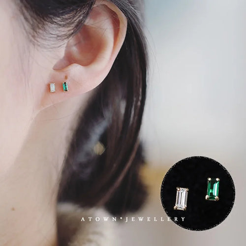 925 Sterling Silver 14k Gold Plated Square Green Zircon Stud Earrings