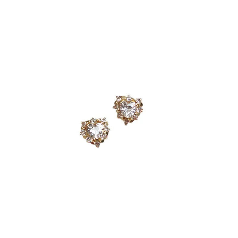 925 Sterling Silver 14k Gold Plated Heart Zircon Small Stud Earrings