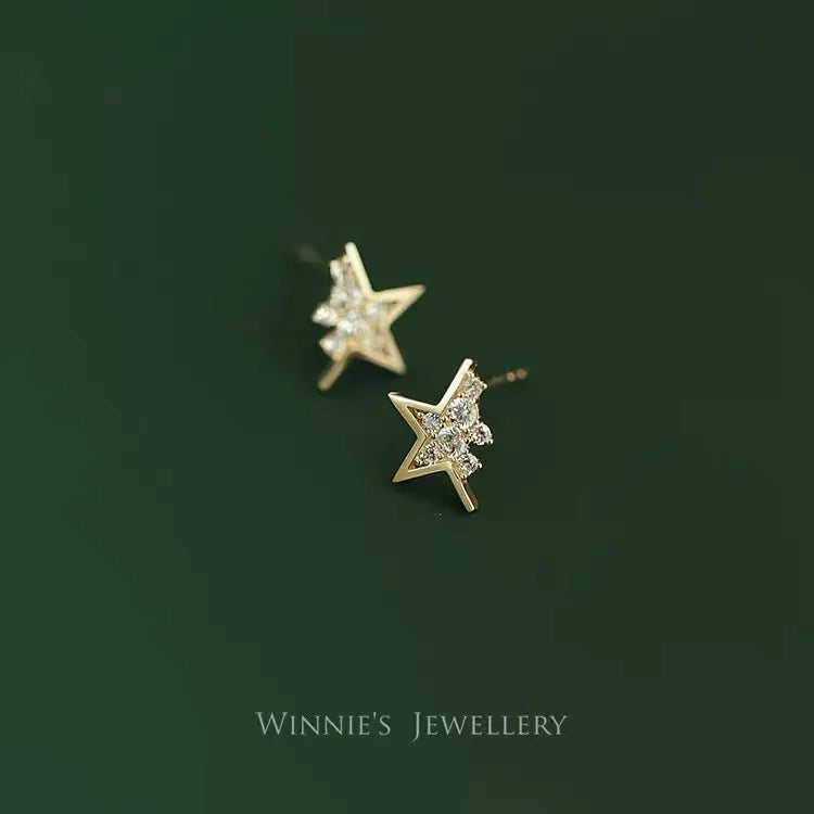 925 Sterling Silver 14k Plated Gold Half Star Zircon Small Stud Earrings