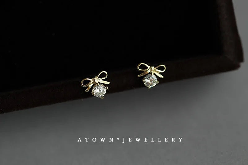 925 Sterling Silver 14k Gold Plated Bow Knot Zircon Small Stud Earrings