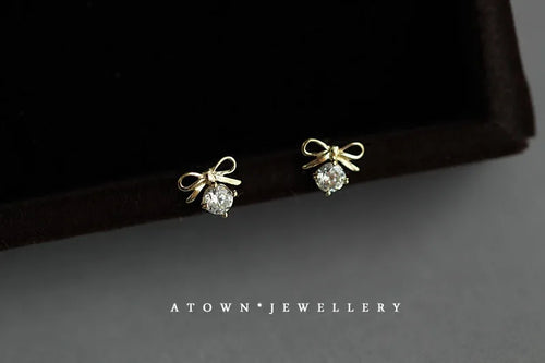 925 Sterling Silver 14k Gold Plated Bow Knot Zircon Small Stud Earrings